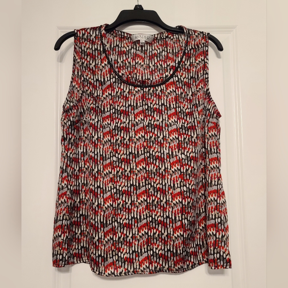 Women's Sz Petite L Kasper Patterned Sleeveless Blouse, Red/Black/White, GC
